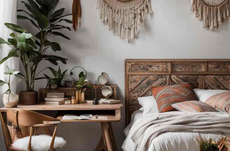 boho bedroom with corner writing desk