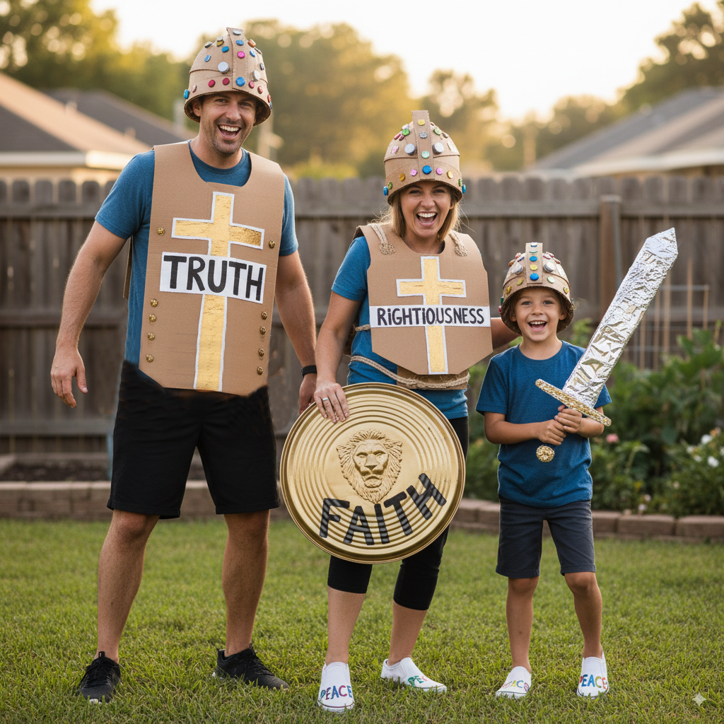 A family dressed in "The Armor of God" Christian Halloween costumes