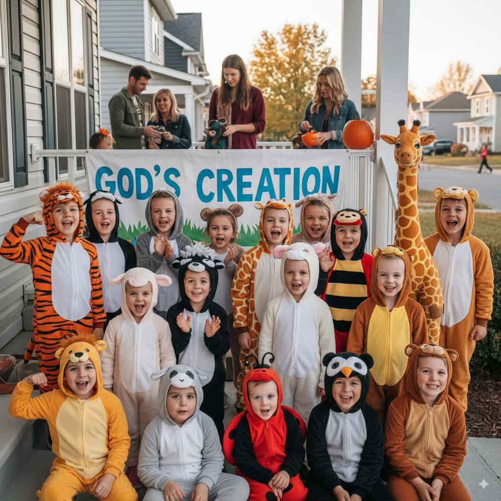 A group of Christian kids dressed as different animals for Halloween