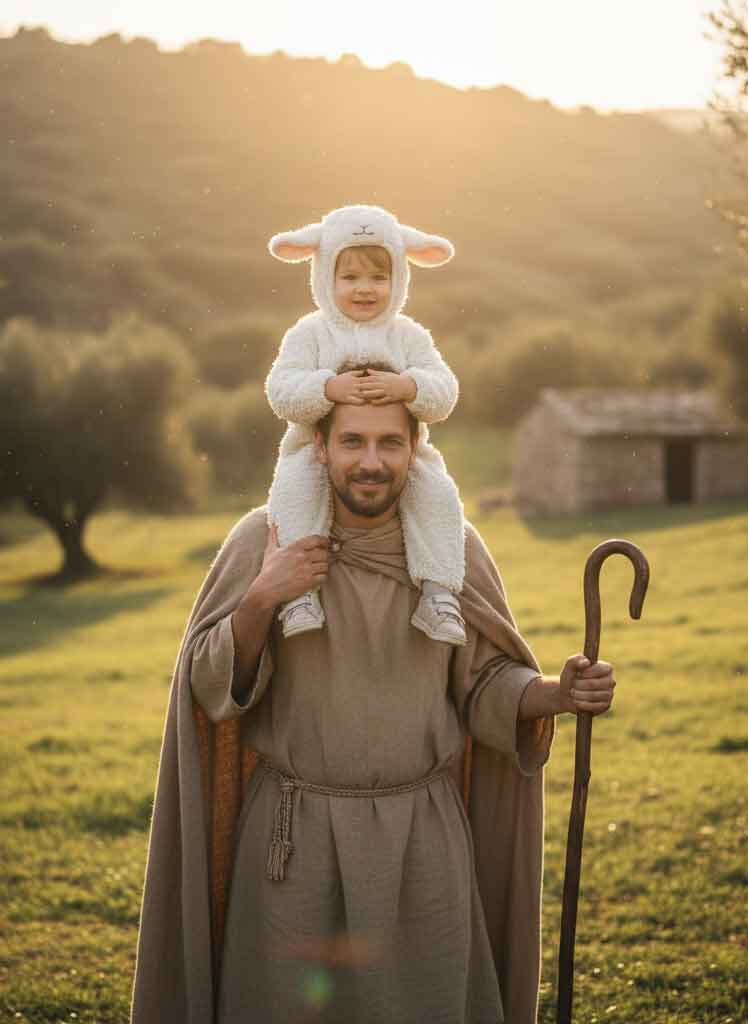 A Good Shepherd Christian Halloween costume of a father carrying his child who is dressed as a lamb