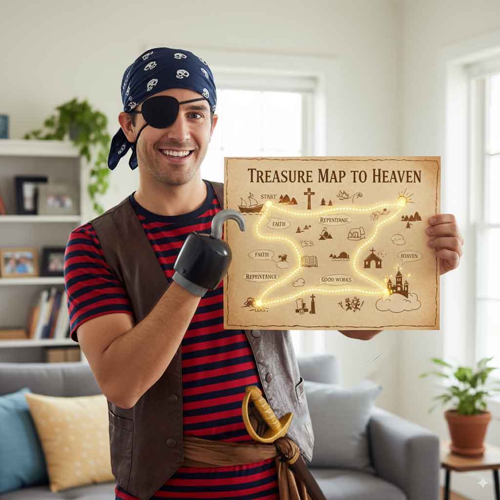 A man dressed as a pirate holding a treasure map to heaven